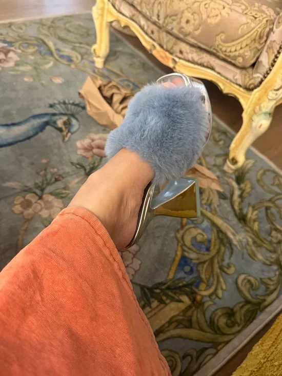 Circus by Sam Edelman Metallic Silver Platform Mules with Light Blue Faux Fur - Picture 4 of 6